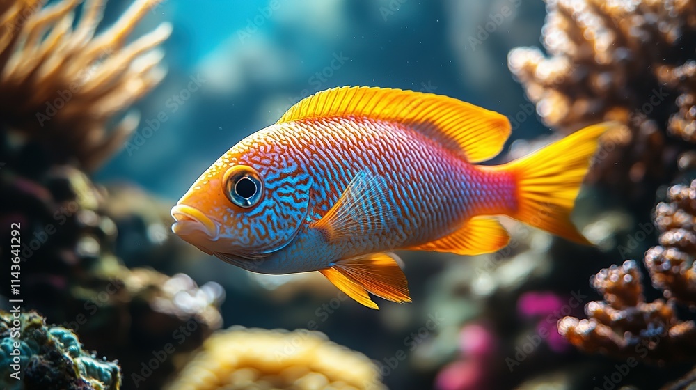 Vibrant Orange And Blue Reef Fish Swimming In Coral Vibrant Orange And Blue Reef Fish Swimming In Coral