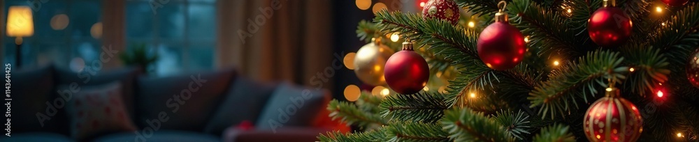 A Christmas tree decorated with ornaments and lights, ornaments, presents A Christmas tree decorated with ornaments and lights, ornaments, presents