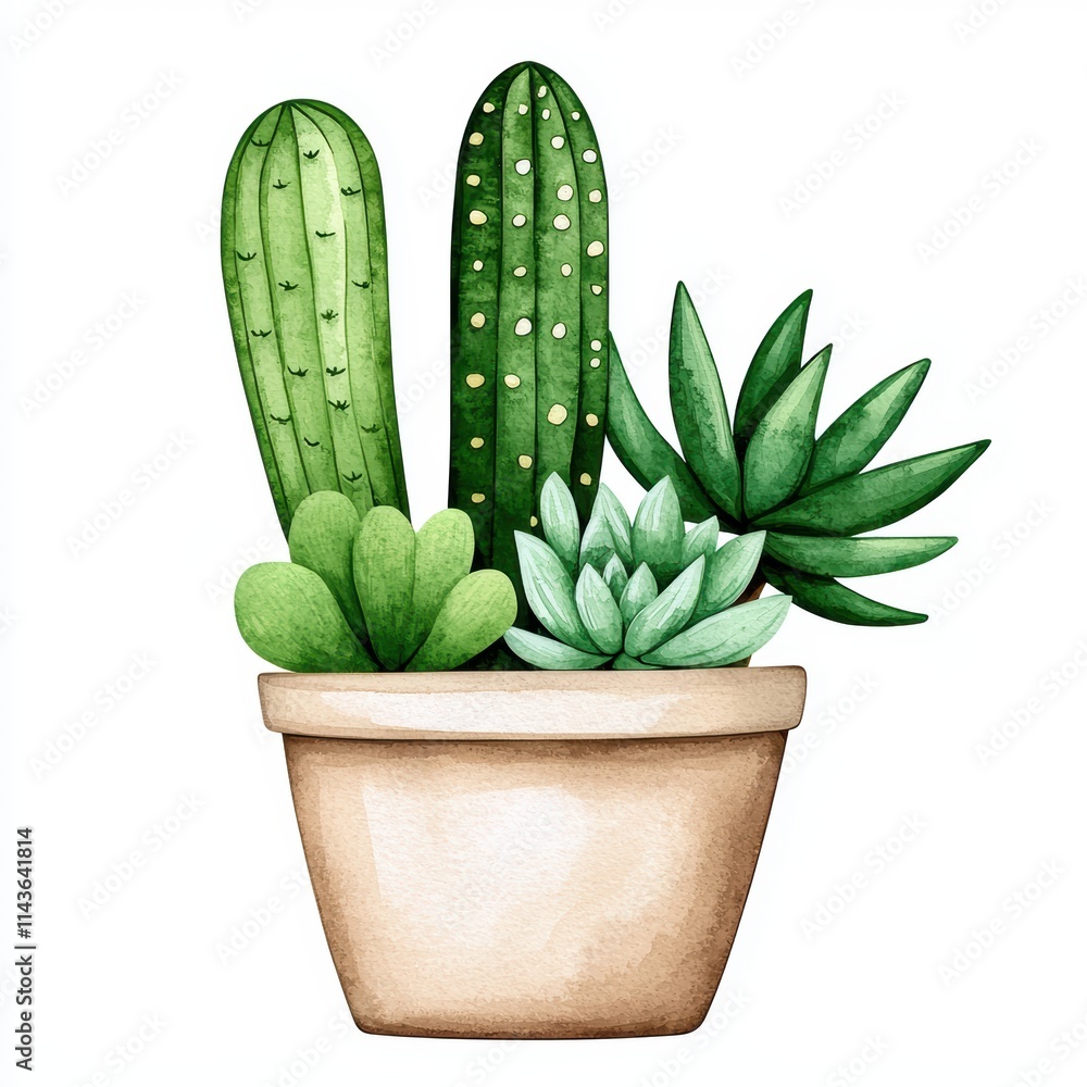 Watercolor cactus and succulents in flower pot clip art design Watercolor cactus and succulents in flower pot clip art design