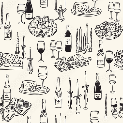 Hand drawn whimsical charcuterie boards and wine background