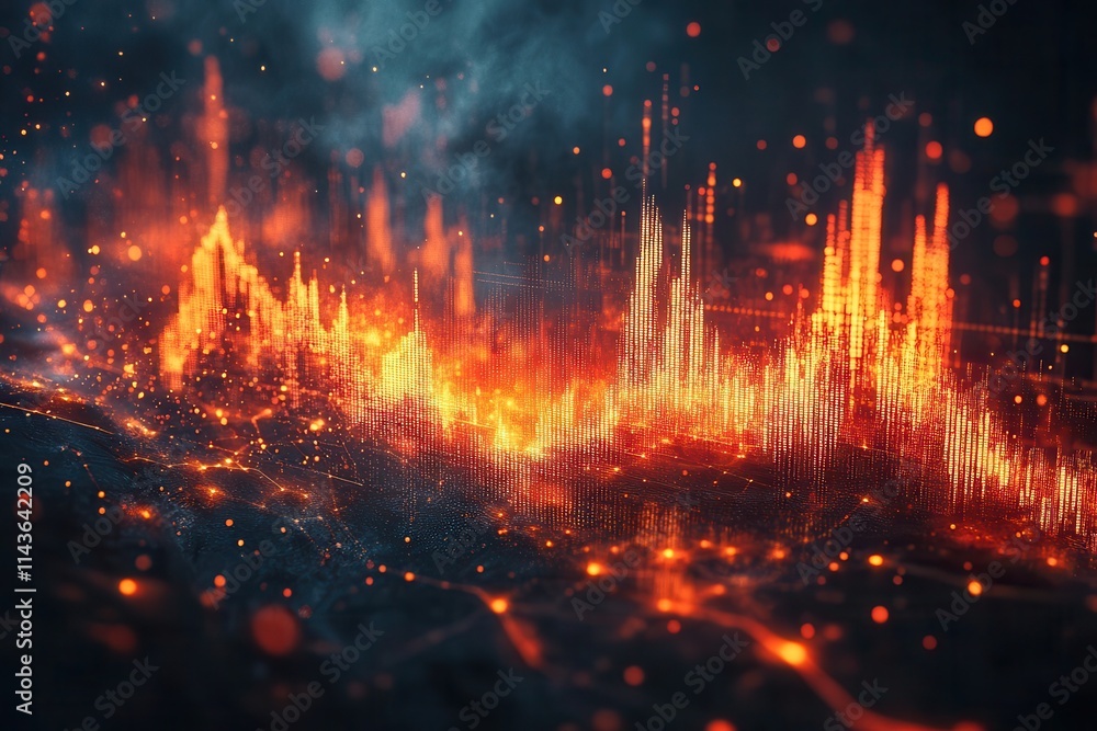 A vibrant digital visualization of sound waves, showcasing peaks and valleys in fiery colors against a dark background. A vibrant digital visualization of sound waves, showcasing peaks and valleys in fiery colors against a dark background.