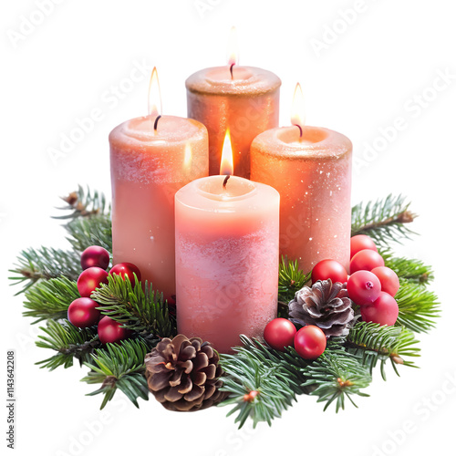 Festive Christmas Candles with Ornaments and Fir Branches