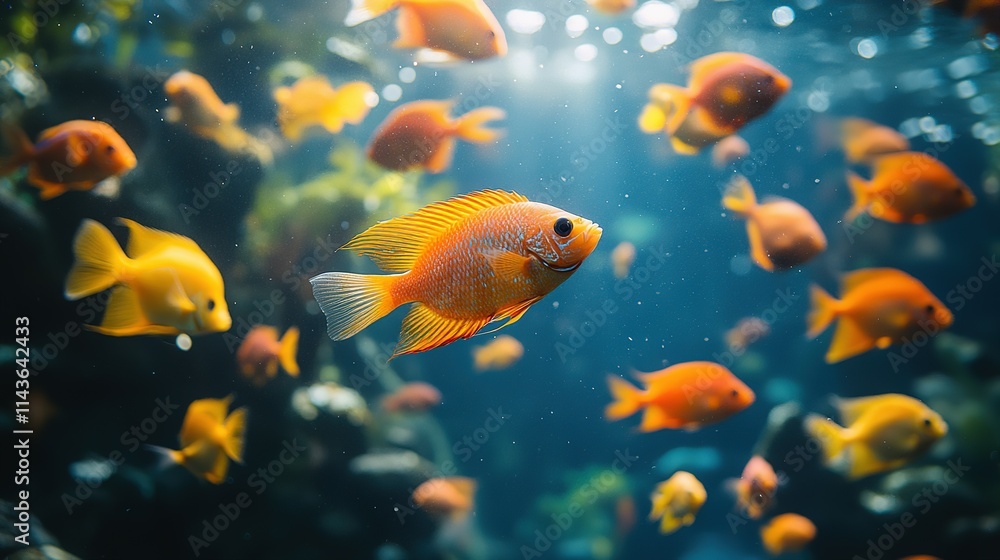 Fototapeta premium Orange fish swim in a blue aquarium tank