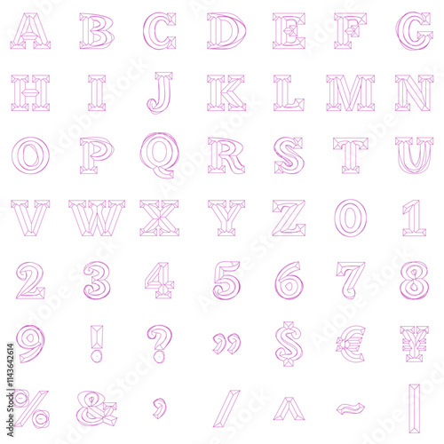 鈍い紫色のノミフォント風のアルファベット大文字と数字と記号