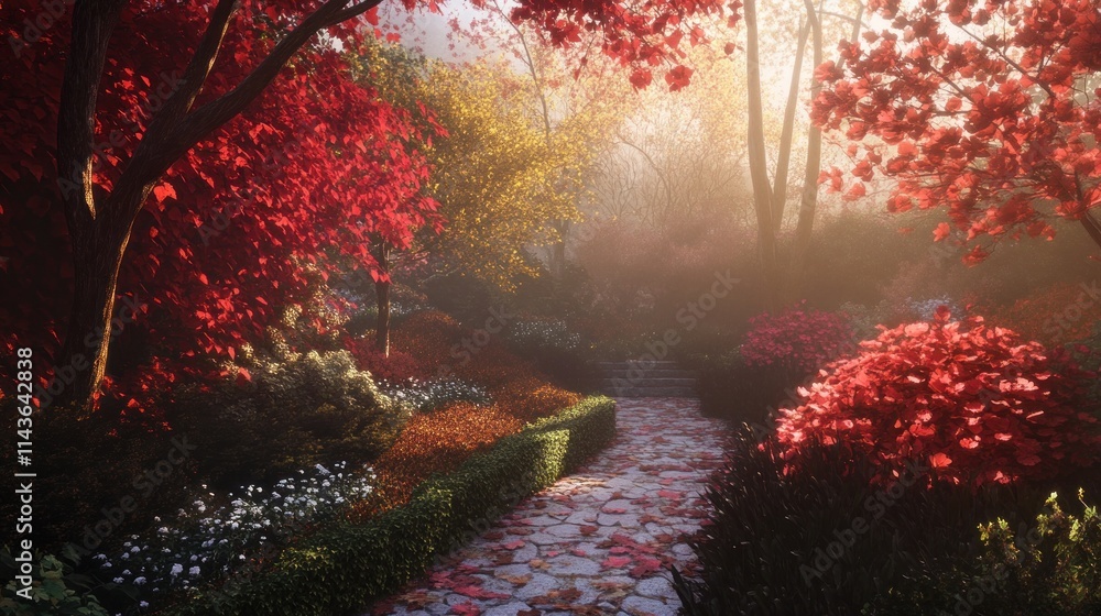 Autumnal Pathway Through a Sun-Drenched Garden Autumnal Pathway Through a Sun-Drenched Garden