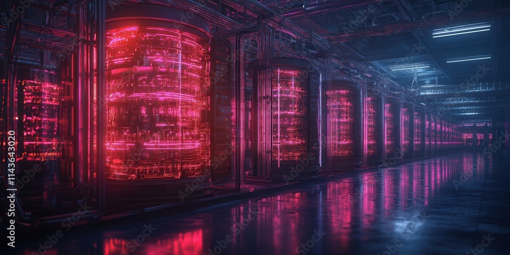 Obraz premium A futuristic data center illuminated with vibrant pink lights, showcasing rows of high-tech servers in a sleek, reflective environment.