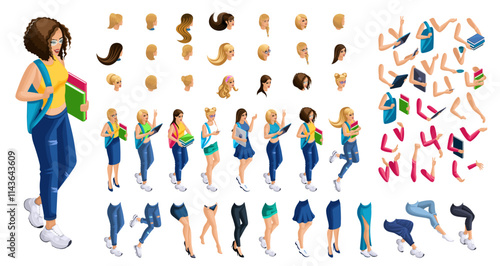 Isometric cartoon people, 3D Set for creating Girl Student person. Full length gestures isolated, N1. Create your own design for vector
