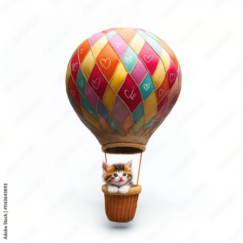 Fototapeta premium A cute kitten peeks out from a colorful hot air balloon.