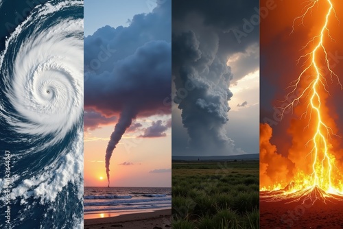 Dramatic weather phenomena: hurricane, tornado, thunderstorm, and volcanic eruption. photo