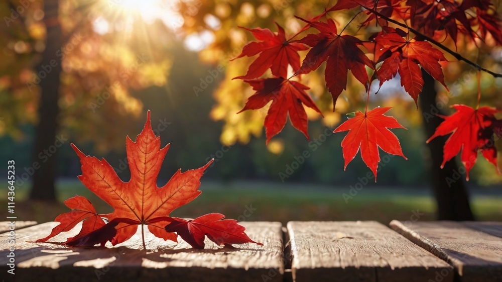 Obraz premium Autumn background scene with red maple leaves on table with sunlight.