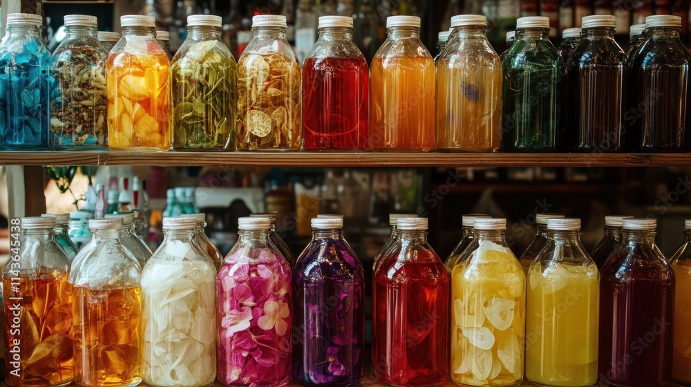 A Shelf Full of Colorful Glass Bottles with Herbs and Flowers Inside A Shelf Full of Colorful Glass Bottles with Herbs and Flowers Inside