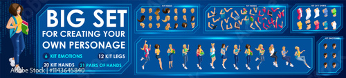 Isometric Girl characters constructor for designed N2. Presentation in various action. Set of Students personages flat style illustration