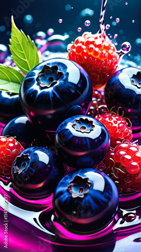 Fresh blueberries and raspberries splashing into vibrant purple liquid with droplets and leaves, captured in vivid detail against a dark background