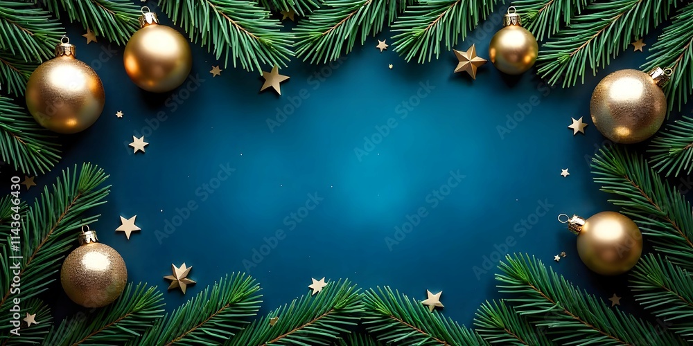 Christmas Festive card. Frame borders made of gold balls, twinkling lights, flat lay copy space, decorations, Luxury styleTop view dark blue background. Christmas Festive card. Frame borders made of gold balls, twinkling lights, flat lay copy space, decorations, Luxury styleTop view dark blue background.