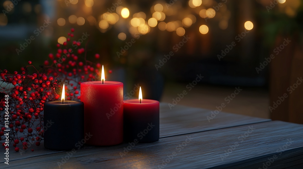 Holiday candles in red and black on a rustic wooden table, 3D illustration. Holiday candles in red and black on a rustic wooden table, 3D illustration.