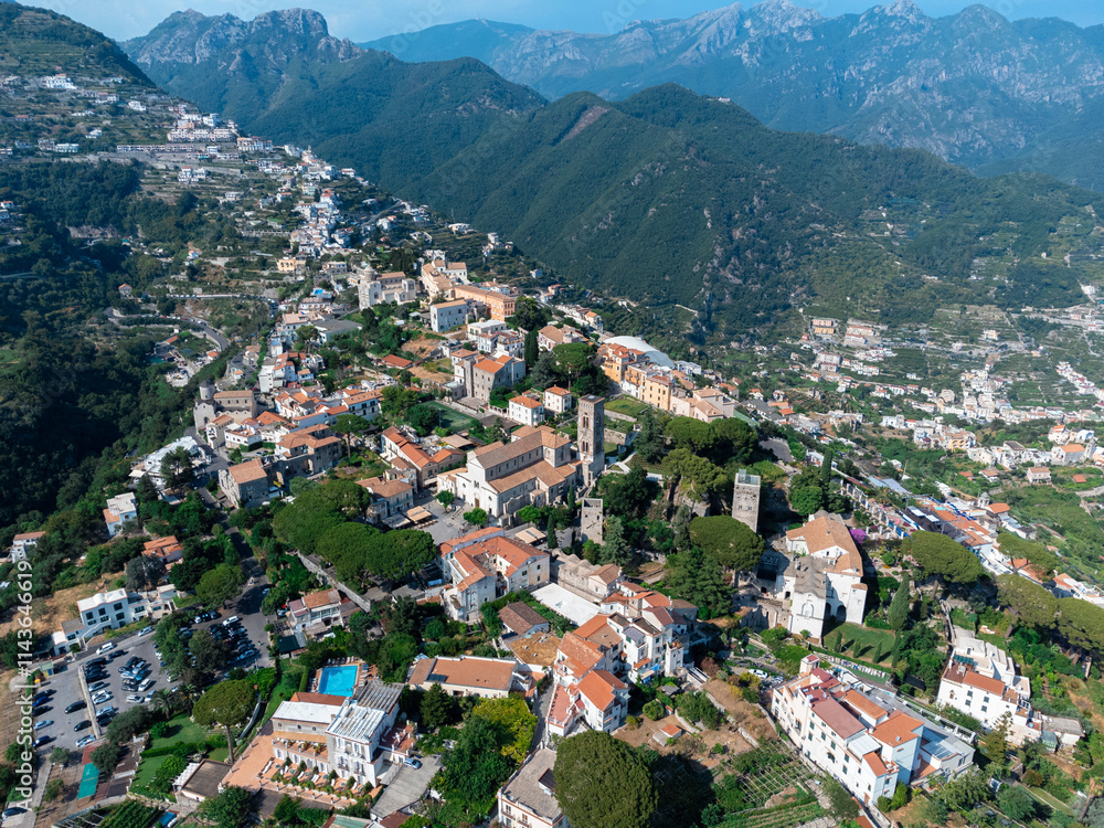 Fototapeta premium Aerial View of Ravello Town on Amalfi Coast - Hilltop Charm and Stunning Mountain Backdrop