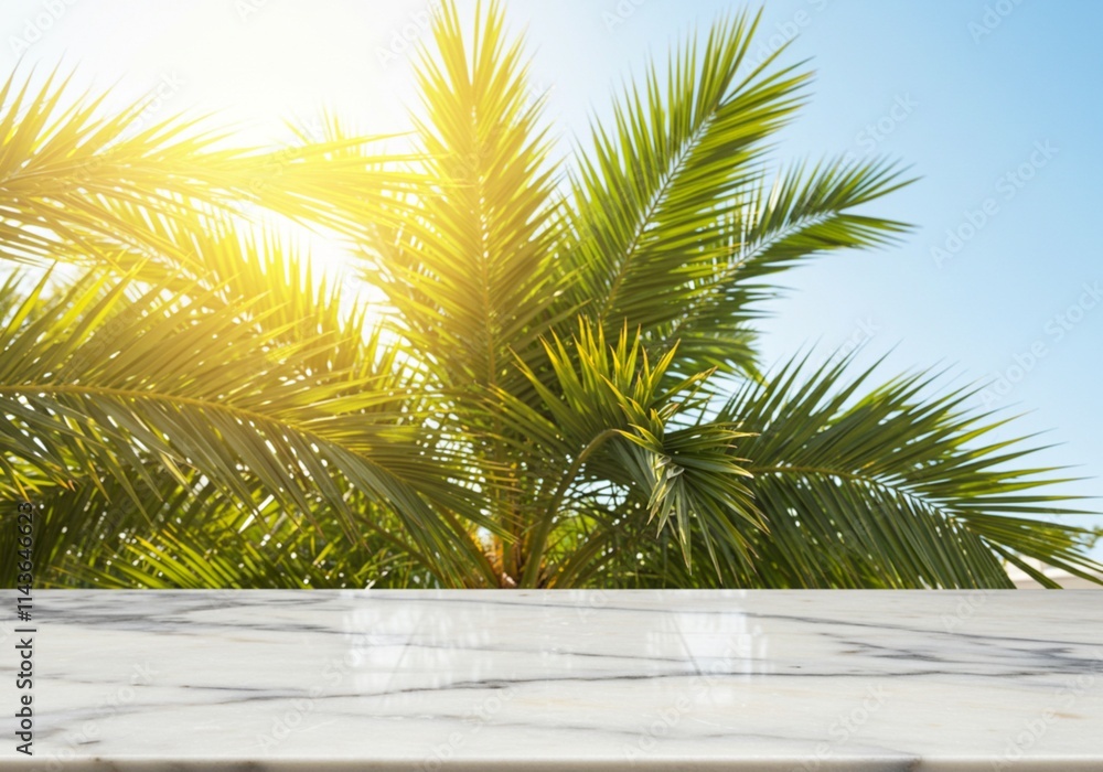 A sleek marble tabletop with a blurred backdrop of lush palm trees and a bright blue sky creates a tropical paradise setting for product photography or travel inspiration A sleek marble tabletop with a blurred backdrop of lush palm trees and a bright blue sky creates a tropical paradise setting for product photography or travel inspiration