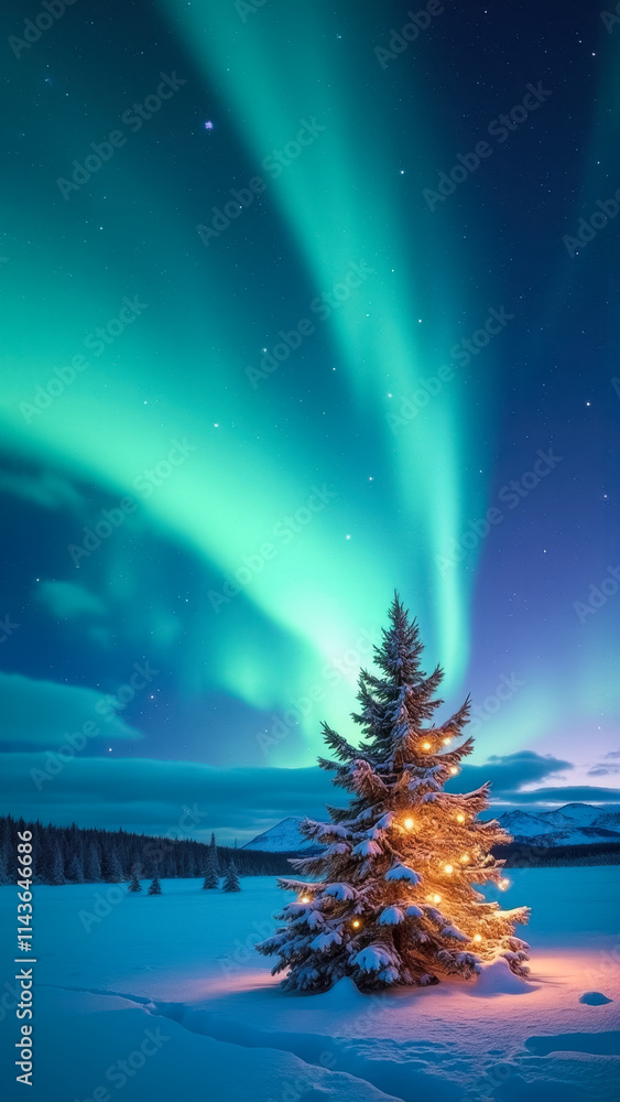 A magical winter scene with a glowing aurora borealis above a snow-covered field, a beautifully decorated and lit Christmas tree, and mountains under a starry night sky A magical winter scene with a glowing aurora borealis above a snow-covered field, a beautifully decorated and lit Christmas tree, and mountains under a starry night sky