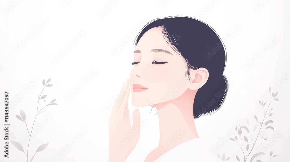 スキンケアをする若い女性(イラスト) スキンケアをする若い女性(イラスト)