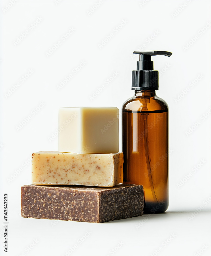 Brown cosmetics bottle and decorations around it and placed on top then white back. Brown cosmetics bottle and decorations around it and placed on top then white back.