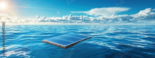 Illustration of floating solar panels on an expansive body of water