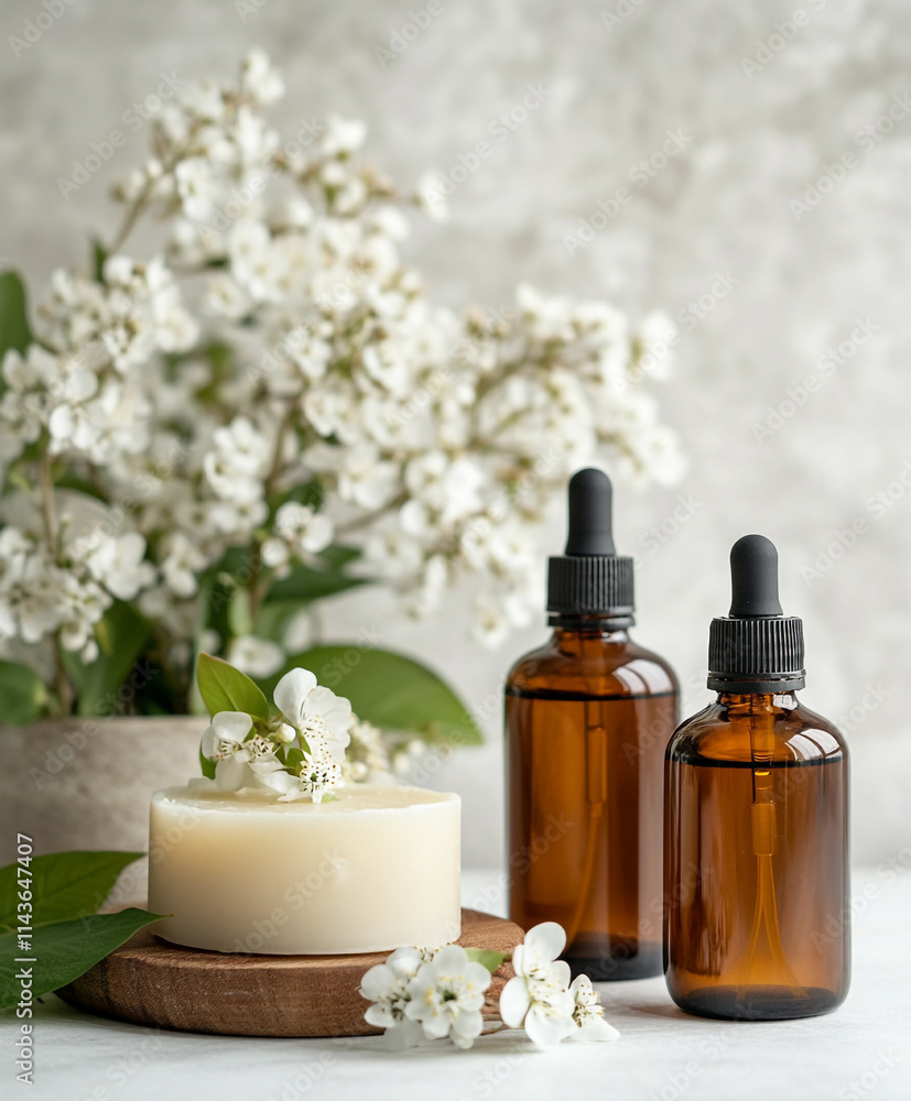 Brown cosmetics bottle and decorations around it and placed on top then white back. Brown cosmetics bottle and decorations around it and placed on top then white back.