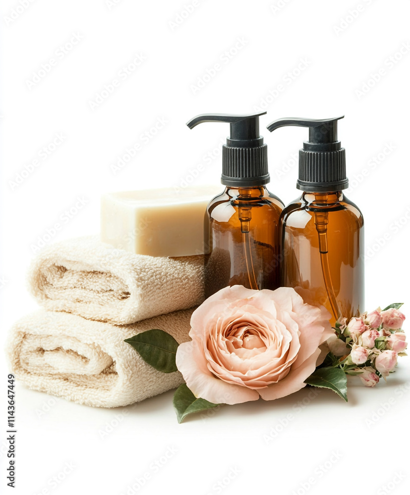 Brown cosmetics bottle and decorations around it and placed on top then white back. Brown cosmetics bottle and decorations around it and placed on top then white back.