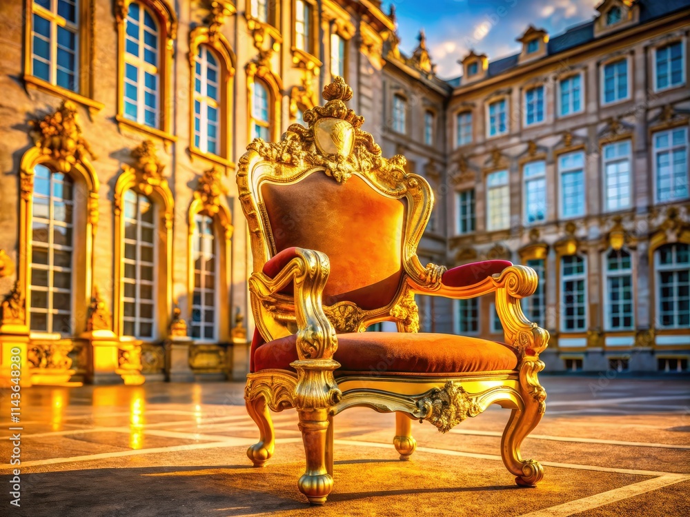 Fototapeta premium Majestic and opulent, the golden throne dominates the palace throne room; an aerial view showcases its royal power and luxury.