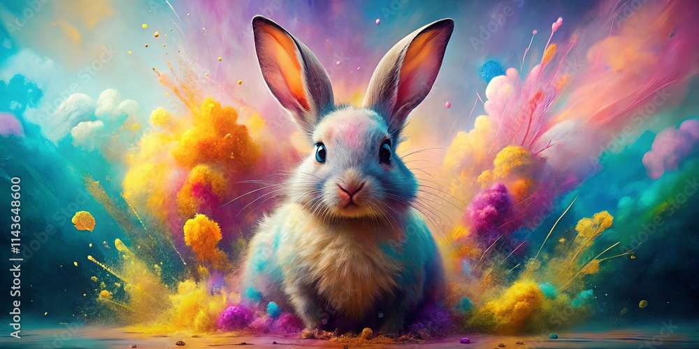 A fluffy white bunny rabbit emerges from a vibrant explosion of multicolored powder, a whimsical and colorful scene. A fluffy white bunny rabbit emerges from a vibrant explosion of multicolored powder, a whimsical and colorful scene.