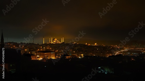 Night view of a city with a illuminated mosque in the background.