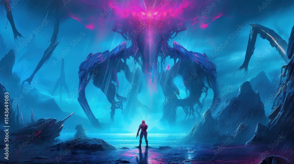 Obraz premium Neon Guardian: Mech's Last Stand on the Alien Frontier
