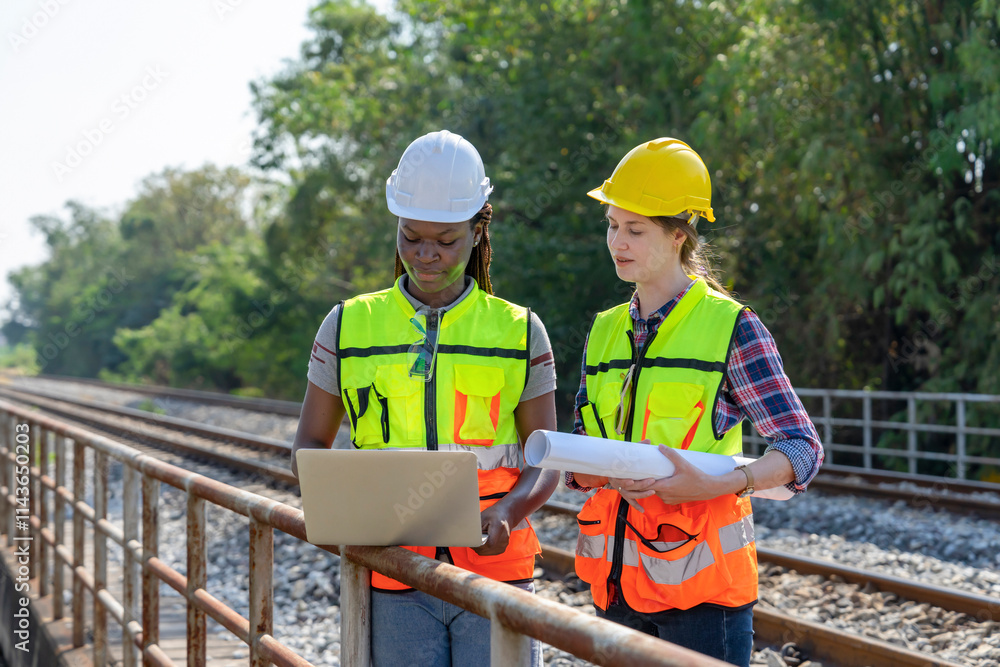 multi ethnic railway construction inspector working outdoors,at rail tracks,discussing work together,african woman technician using laptop,caucasian female holding blue print multi ethnic railway construction inspector working outdoors,at rail tracks,discussing work together,african woman technician using laptop,caucasian female holding blue print
