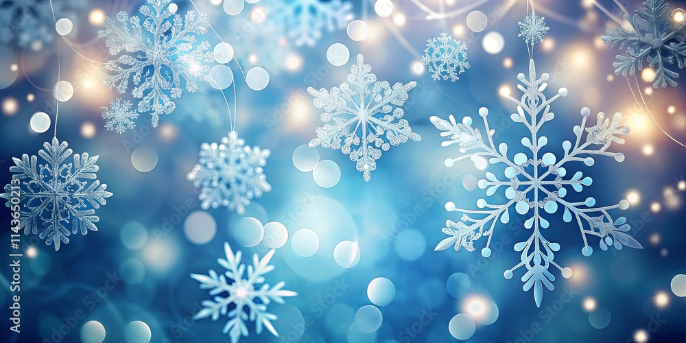Festive Winter Scene with Delicate Snowflake Ornaments Hanging Against a Sparkling Blue Background Festive Winter Scene with Delicate Snowflake Ornaments Hanging Against a Sparkling Blue Background