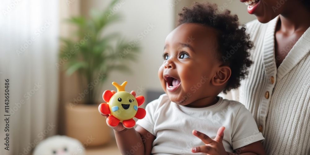 A cheerful afro-american baby playing with a colorful toy while sitting on the floor in a bright and cozy room with natural light and green plants in the background A cheerful afro-american baby playing with a colorful toy while sitting on the floor in a bright and cozy room with natural light and green plants in the background