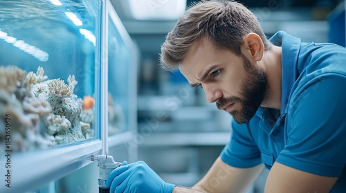 A focused man in a blue shirt inspects a coral tank, showcasing his dedication to marine life and aquarium maintenance. photo