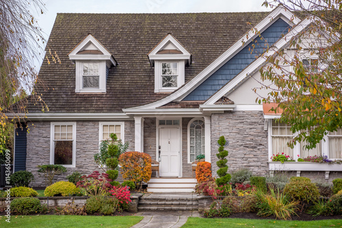 Fototapeta Naklejka Na Ścianę i Meble -  Fragment of  luxury house in fall with green trees and nice landscape in Vancouver, Canada, North America. Day time on November 2024.