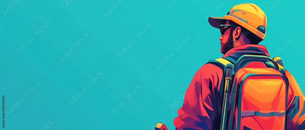 Obraz premium A Worker Gazes Across a Vivid Blue Landscape