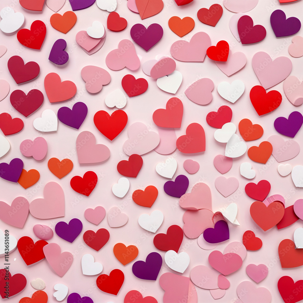 The image features a vibrant and colorful pattern of paper hearts in various shades of pink, red, and purple, scattered across a light pink background. The image features a vibrant and colorful pattern of paper hearts in various shades of pink, red, and purple, scattered across a light pink background.