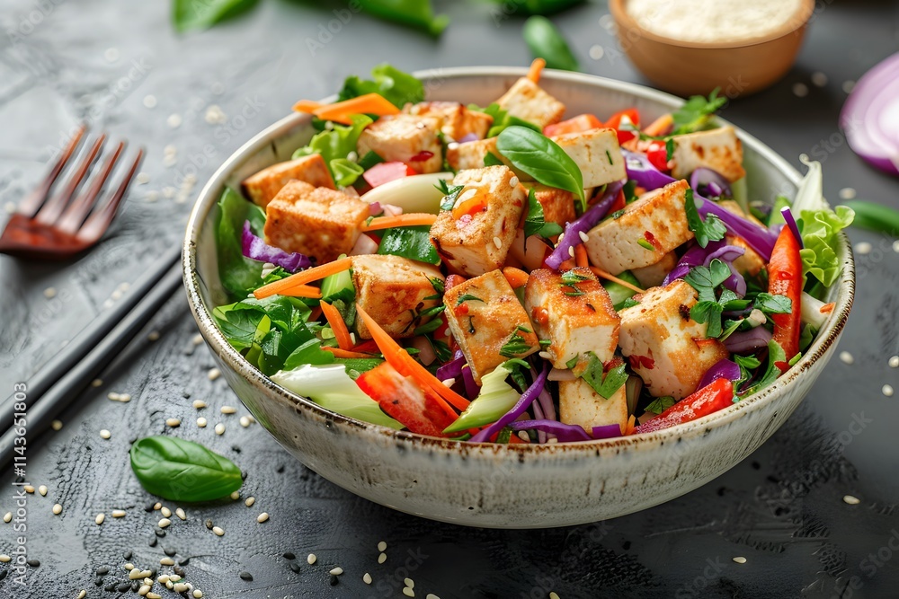 Tofu salad with colorful vegetables in a bowl Tofu salad with colorful vegetables in a bowl