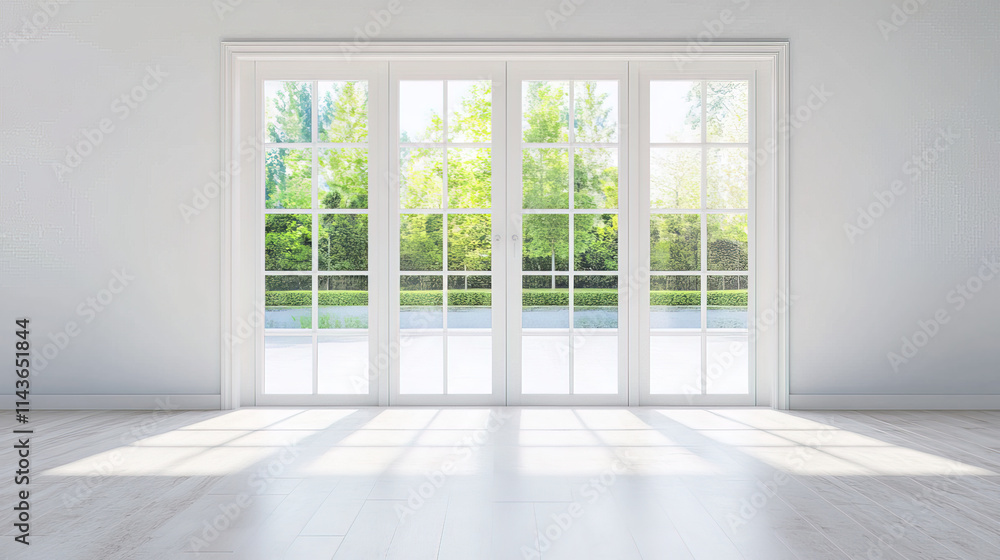 Bright double panel French door with glass panes in modern room Bright double panel French door with glass panes in modern room
