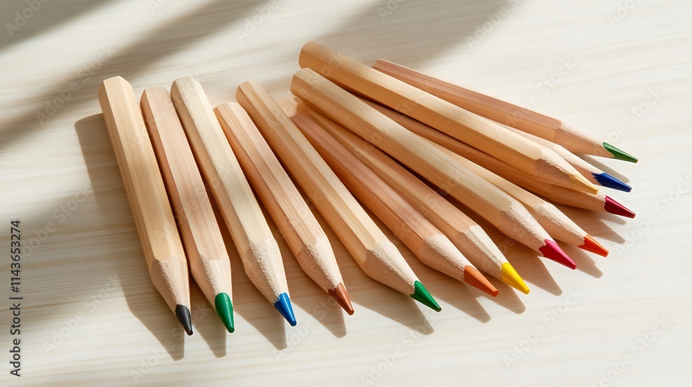 Obraz premium A collection of colored pencils arranged neatly on a light surface.