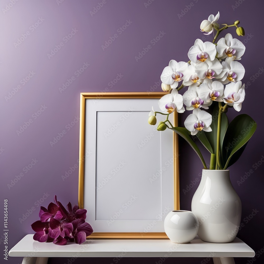 White Orchids Gold Frame Purple Background Home Decor White Orchids Gold Frame Purple Background Home Decor