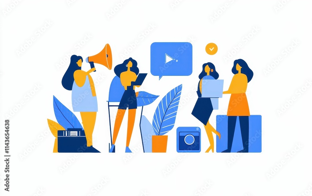 Women collaborate, using technology and media. Women collaborate, using technology and media.
