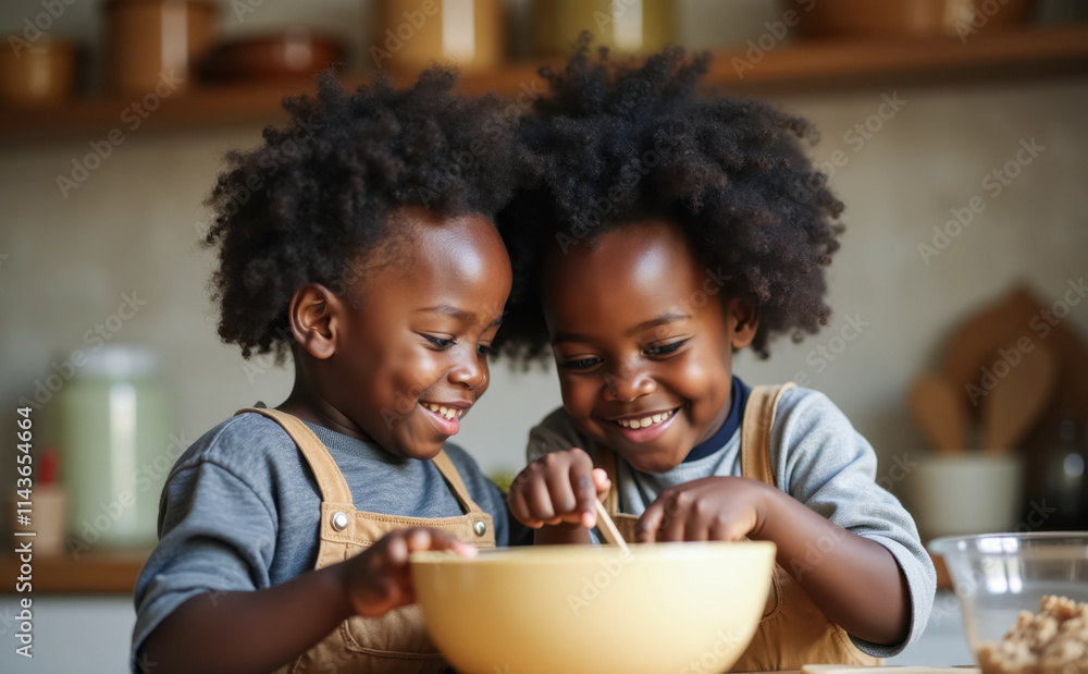 Two happy dark-skinned twins mix ingredients in a bowl while baking together in a cozy kitchen, sharing fun and joy in warm natural light Two happy dark-skinned twins mix ingredients in a bowl while baking together in a cozy kitchen, sharing fun and joy in warm natural light