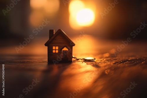 Miniature wooden house keychain rustic charm warm lighting photo