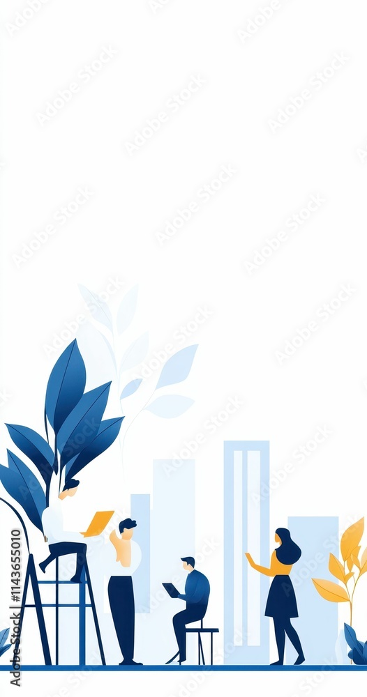 Team collaboration, modern office, stylized figures. Team collaboration, modern office, stylized figures.