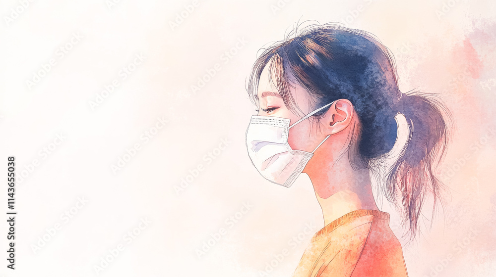 Fototapeta premium マスクをつけた若い女性（イラスト）