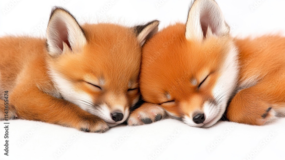 Two adorable, sleeping fox cubs snuggle closely together, showcasing their soft fur and peaceful expressions against a plain background. Two adorable, sleeping fox cubs snuggle closely together, showcasing their soft fur and peaceful expressions against a plain background.