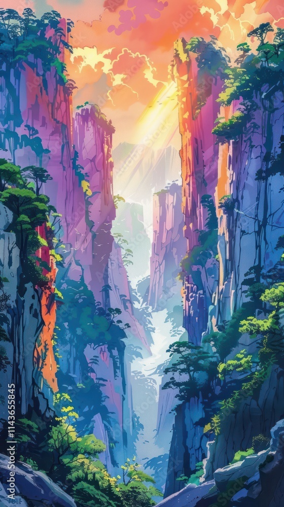 Enchanting Mountainous Landscape with Cascading Waterfalls and Lush Jungle Foliage A captivating digital depicting a serene and fantastical natural environment featuring towering cliffs Enchanting Mountainous Landscape with Cascading Waterfalls and Lush Jungle Foliage A captivating digital depicting a serene and fantastical natural environment featuring towering cliffs