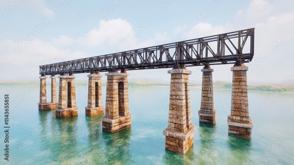 An old railway bridge stretches over tranquil waters, showcasing its sturdy pillars and rustic design against a clear sky. An old railway bridge stretches over tranquil waters, showcasing its sturdy pillars and rustic design against a clear sky.